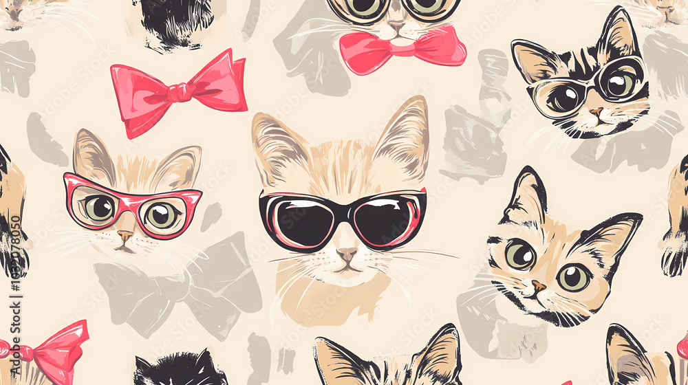 Seamless pattern with cute fashionable cats. Vector graphics. Seamless pattern with cute fashionable cats. Vector graphics.