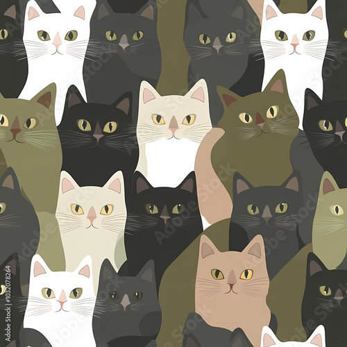 Seamless pattern with cute fashionable cats. Vector graphics.