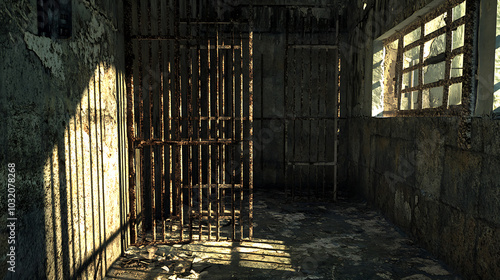 Prison cellblock with rusting iron bars, crumbling concrete walls. The style hyper-realistic photograph taken in daylight  photo