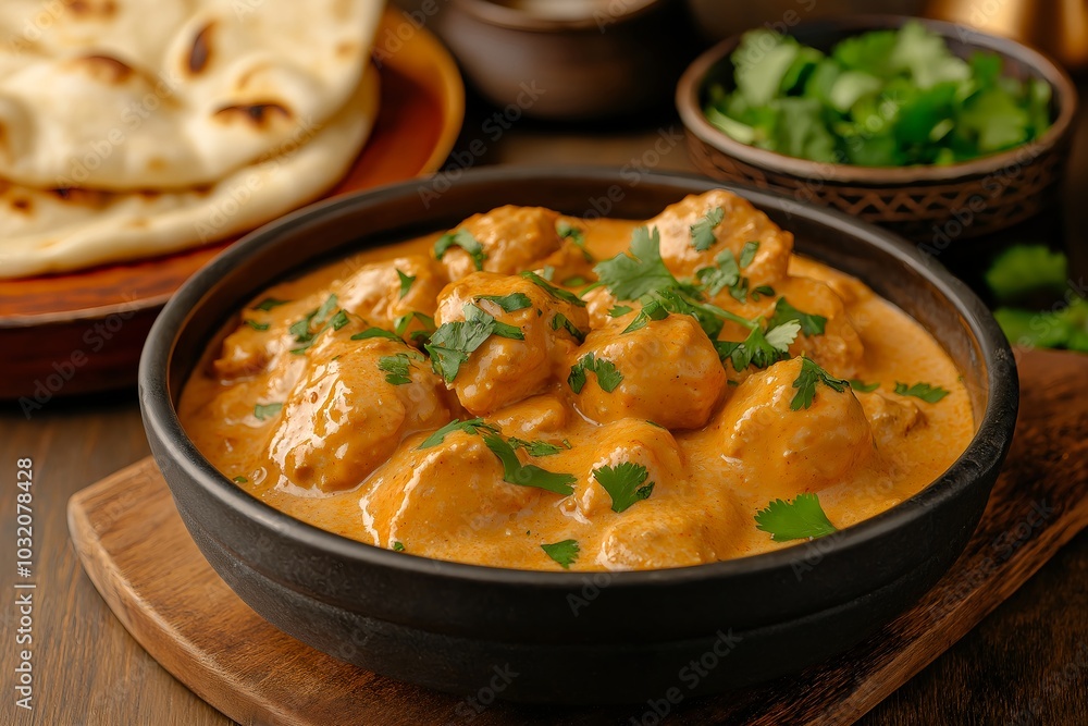 A Spicy Chicken Tikka Masala With Naan Bread, Served in a Colorful Indian Restaurant, Food Photography, Food Menu Style Photo Image A Spicy Chicken Tikka Masala With Naan Bread, Served in a Colorful Indian Restaurant, Food Photography, Food Menu Style Photo Image
