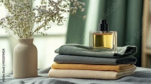 A glass bottle of perfume sits on a stack of folded fabric with a vase of flowers in the background.