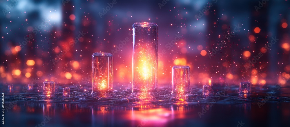 Fototapeta premium Three glass tubes glowing with warm light in a mystical forest setting.