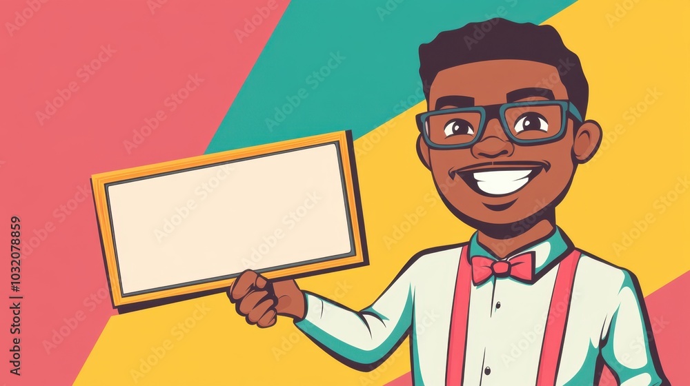 Cartoon character smiling brightly, presenting a blank sign on a colorful background, perfect for showcasing your message. Cartoon character smiling brightly, presenting a blank sign on a colorful background, perfect for showcasing your message.