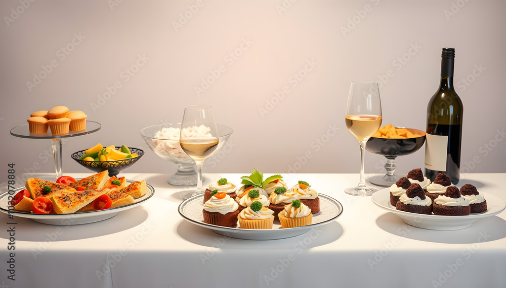 Buffet Table With Appetizers, Wine, and Desserts isolated with white highlights, png Buffet Table With Appetizers, Wine, and Desserts isolated with white highlights, png