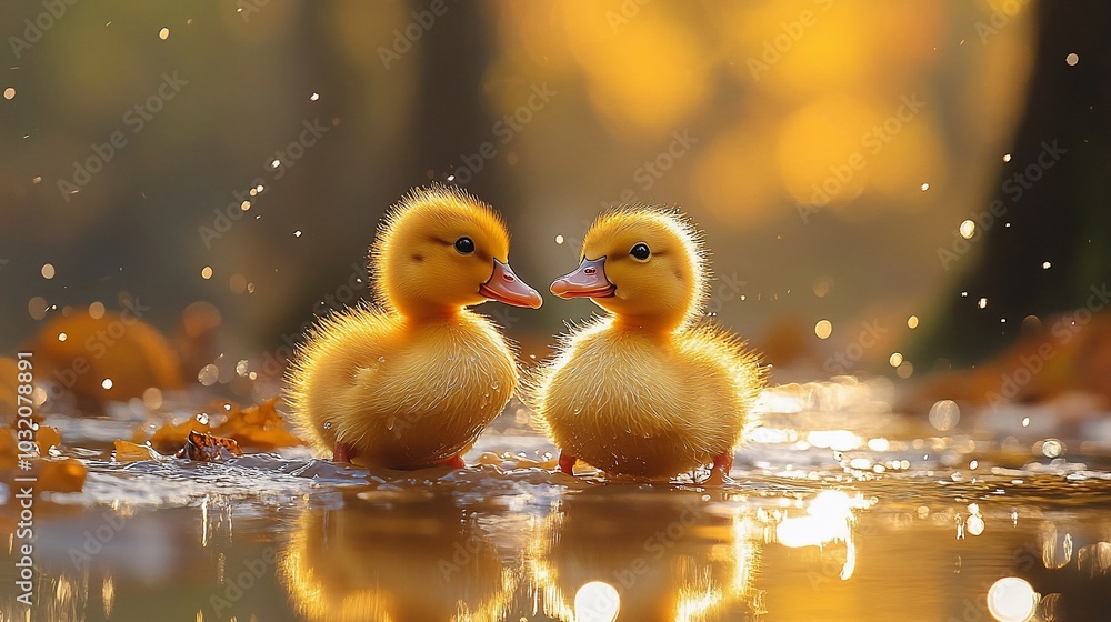Two fluffy ducklings play in a sunlit pond, surrounded by autumn leaves and sparkling water. Two fluffy ducklings play in a sunlit pond, surrounded by autumn leaves and sparkling water.