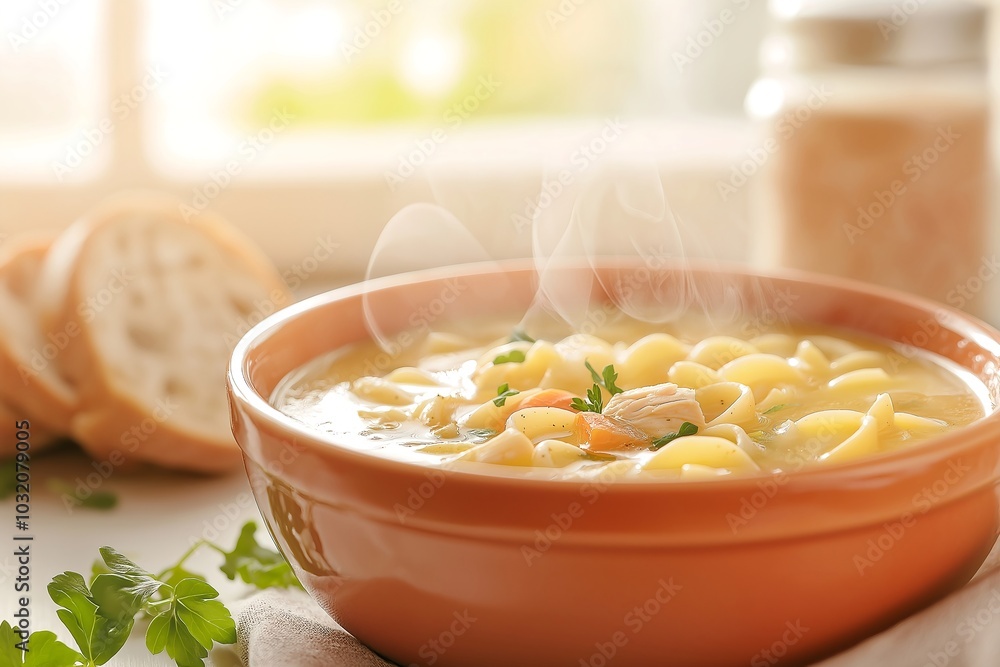 A Steaming Bowl of Chicken Noodle Soup, Surrounded by Rustic Bread and Herbs, Food Photography, Food Menu Style Photo Image A Steaming Bowl of Chicken Noodle Soup, Surrounded by Rustic Bread and Herbs, Food Photography, Food Menu Style Photo Image