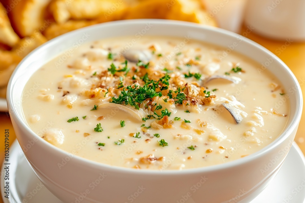 A Steaming Bowl of Clam Chowder, Served on a Wooden Table at a Cozy Seaside Restaurant, Food Photography, Food Menu Style Photo Image A Steaming Bowl of Clam Chowder, Served on a Wooden Table at a Cozy Seaside Restaurant, Food Photography, Food Menu Style Photo Image