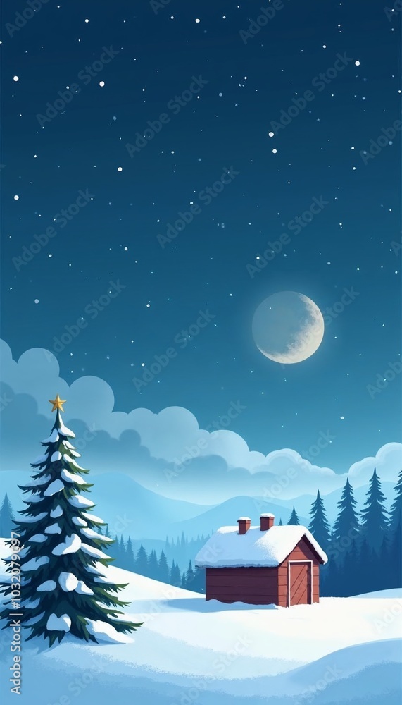 Naklejka premium Snow-Covered Cabin and Christmas Tree Under Starry Night Sky with Crescent Moon