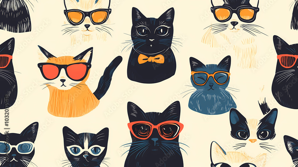 Seamless pattern with cute fashionable cats. Vector graphics. Seamless pattern with cute fashionable cats. Vector graphics.