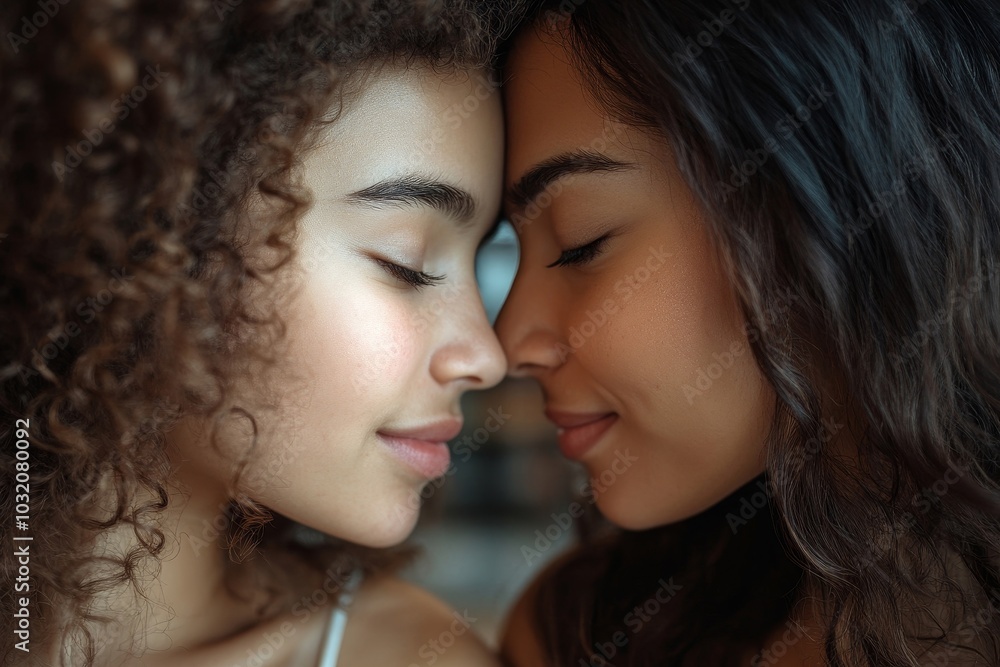 Tender moment. Loving mother and daughter bonding at home, touching each other with foreheads, side view. Happy latin mom and girl enjoying time, Generative AI Tender moment. Loving mother and daughter bonding at home, touching each other with foreheads, side view. Happy latin mom and girl enjoying time, Generative AI