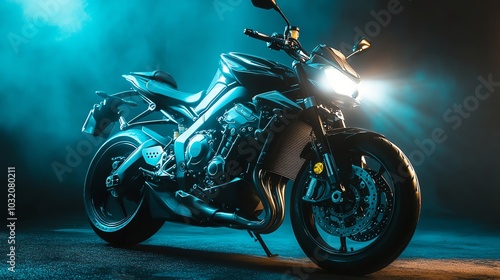 A black sportbike in a studio with a spotlight shining on it.