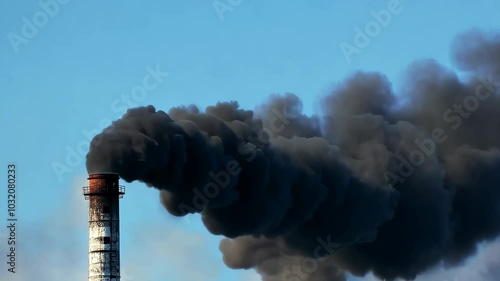 Industrial chimney emitting thick black smoke into clear blue sky, environmental pollution concept.