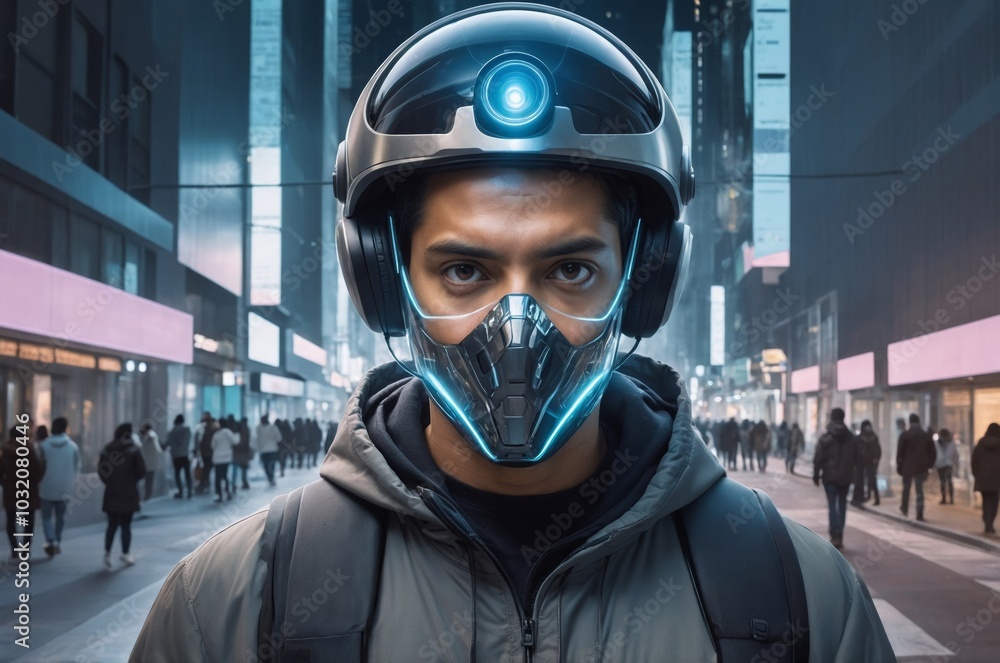 Man in futuristic helmet and mask stands in urban cityscape Man in futuristic helmet and mask stands in urban cityscape