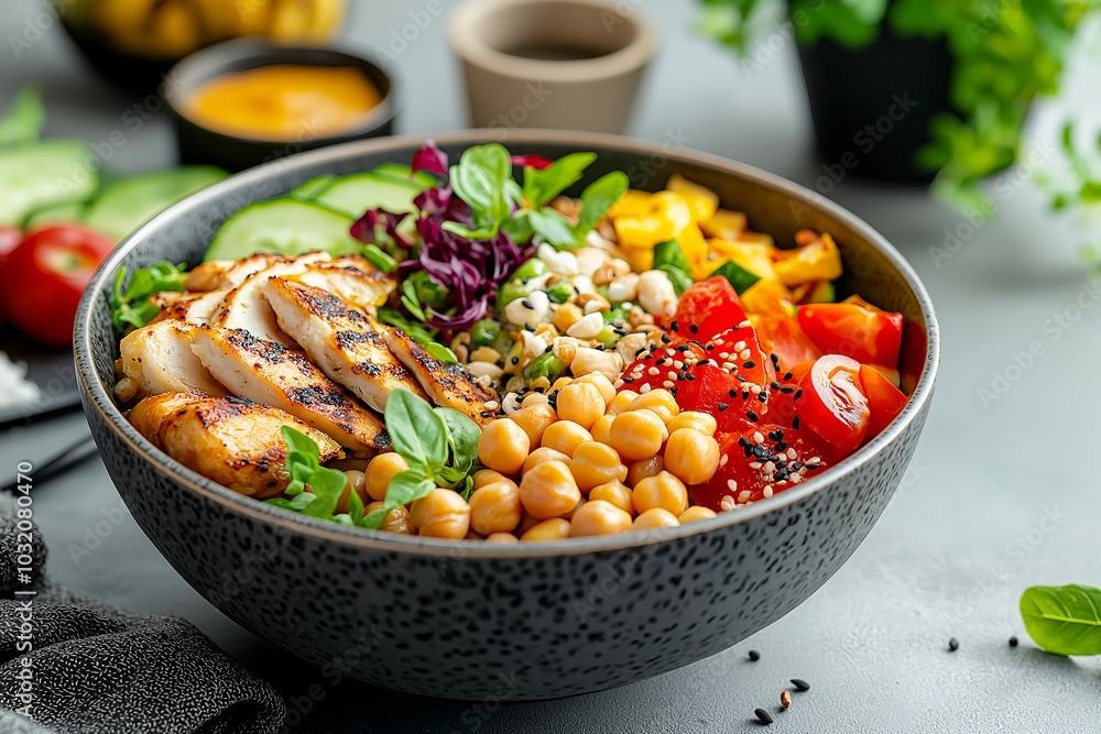 A Vegan Buddha Bowl With Colorful Vegetables and Chickpeas, Food Photography, Food Menu Style Photo Image A Vegan Buddha Bowl With Colorful Vegetables and Chickpeas, Food Photography, Food Menu Style Photo Image