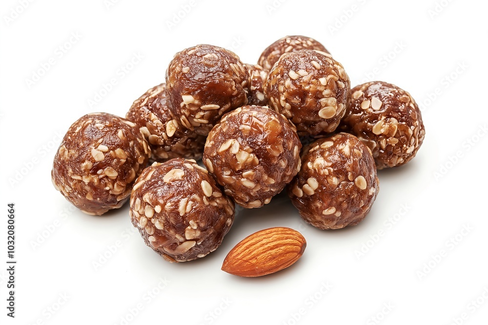 Vegan Energy Bites Made From Dates, Almonds, and Cacao, Arranged on a Clean White Background, Food Photography, Food Menu Style Photo Image Vegan Energy Bites Made From Dates, Almonds, and Cacao, Arranged on a Clean White Background, Food Photography, Food Menu Style Photo Image