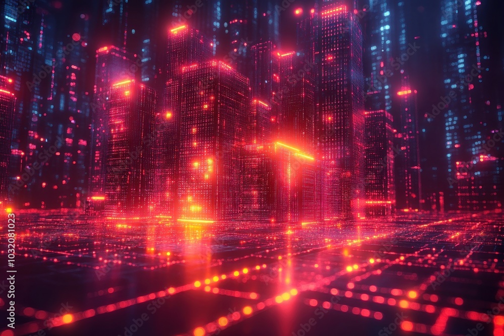 Cyberpunk Cityscape: Neon Lights and Digital Grid Cyberpunk Cityscape: Neon Lights and Digital Grid