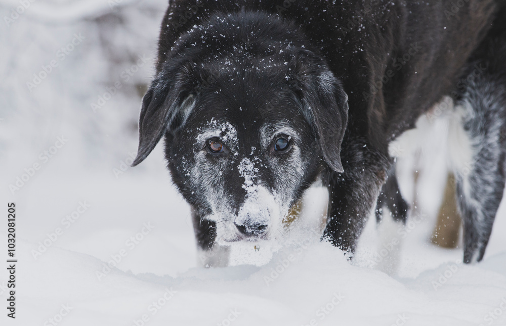 A senior black dog stares at the camera while prowling through fresh snow. A senior black dog stares at the camera while prowling through fresh snow.