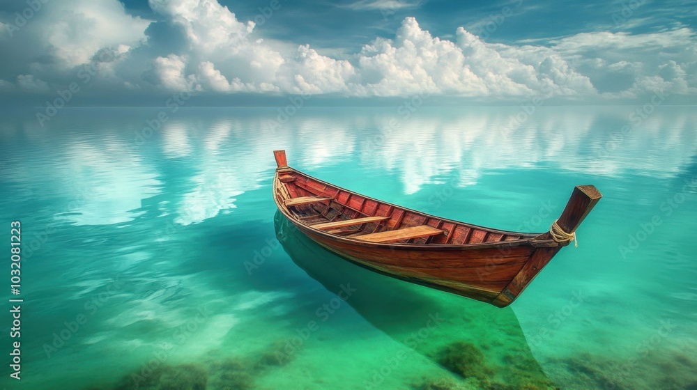Naklejka premium A traditional Thai boat floating on the turquoise waters of a pristine lagoon, with detailed reflections.