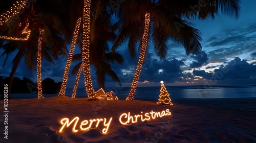 Beachside Christmas party with palm trees wrapped in lights, sand sculptures, and 