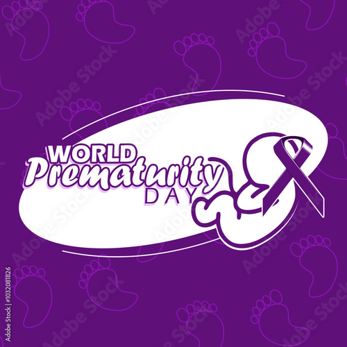 World Prematurity Day to celebrate on November 17th. Illustration of a premature baby with a purple campaign ribbon on a dark purple background.