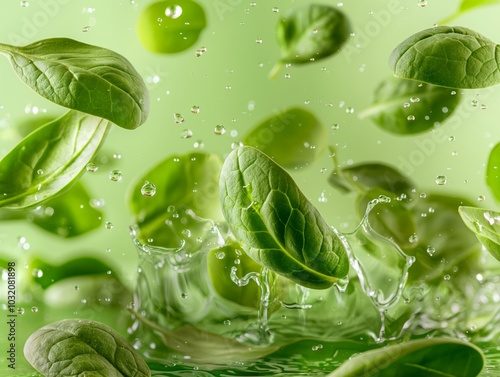 Spinach Splash Photography with Vegetables in Motion - High-Speed Liquid Art with Floating Spinach