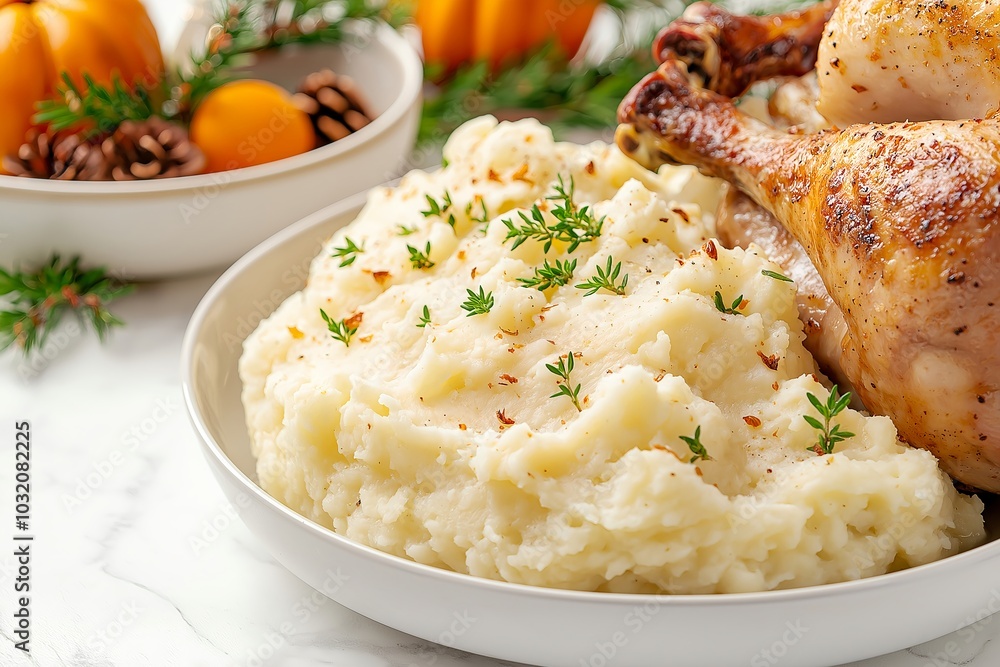 Creamy Mashed Potatoes With Gravy, Served Alongside a Perfectly Roasted Turkey on a Thanksgiving Dining Table, Food Photography, Food Menu Style Photo Image Creamy Mashed Potatoes With Gravy, Served Alongside a Perfectly Roasted Turkey on a Thanksgiving Dining Table, Food Photography, Food Menu Style Photo Image