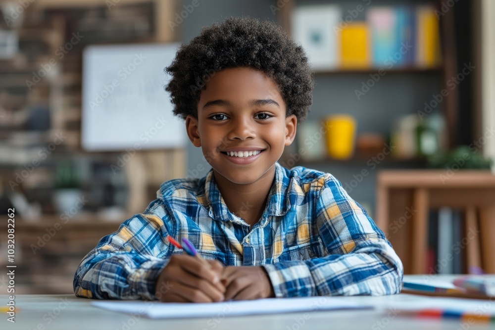 Fototapeta premium Smiling african american schoolboy doing homework while sitting at table at home, Generative AI