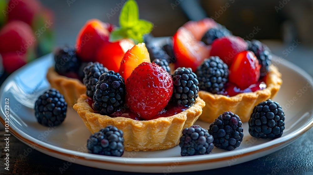 A close-up of fruit tarts topped with strawberries and blackberries on a plate. A close-up of fruit tarts topped with strawberries and blackberries on a plate.
