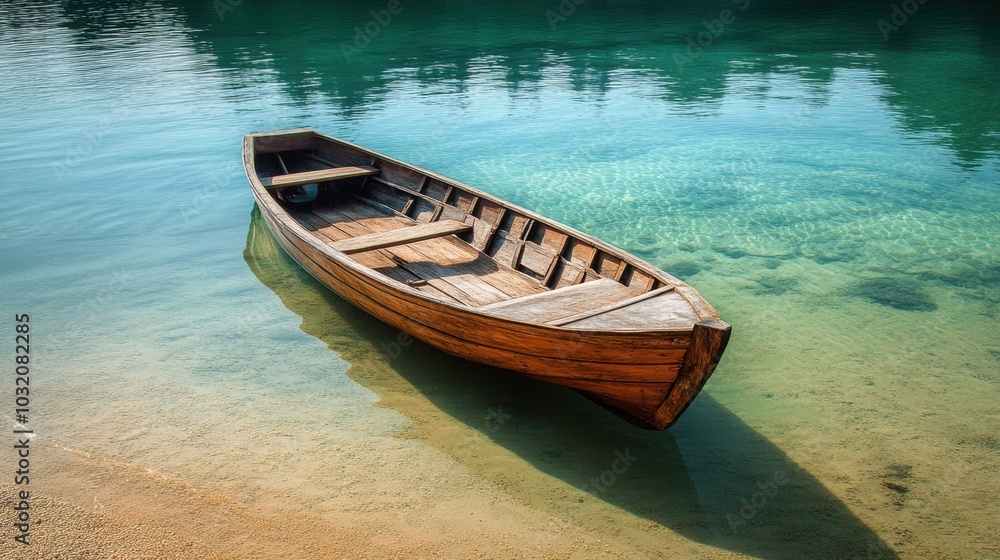 Naklejka premium A traditional Thai wooden boat resting on the shore of a crystal-clear lagoon, with detailed reflections. : 09c4f0b5-4cef-4dd3-83a3-ff0dcfd41b30