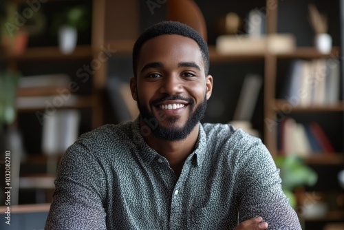 Portrait of a black man who gesticulates and talks to the camera, communicates via video call, Generative AI photo