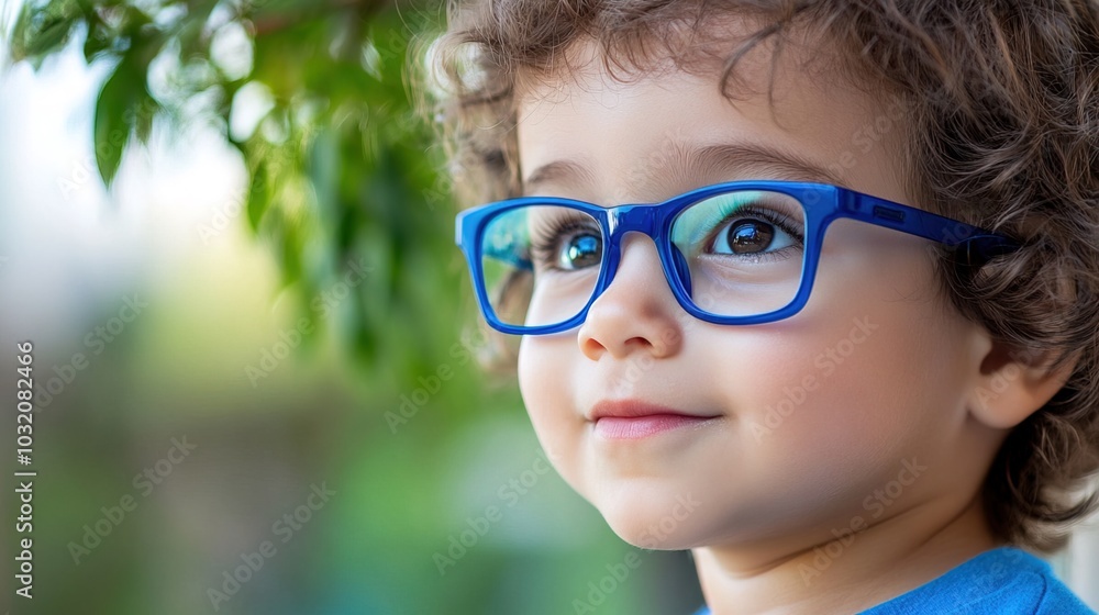 Young child wearing blue glasses focusing on distant tree outside window, symbolizing myopia prevention and importance of outdoor activities. Young child wearing blue glasses focusing on distant tree outside window, symbolizing myopia prevention and importance of outdoor activities.