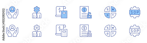 Business icon set in two styles, Duotone and Thin Line style. Editable stroke. business intelligence, swot analysis, taxes, sop, care, unsecured loan