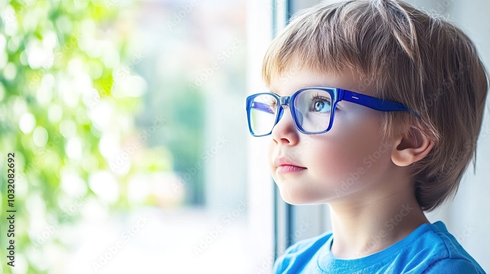 Young child wearing blue glasses focusing on distant tree outside window, symbolizing myopia prevention and importance of outdoor activities. Young child wearing blue glasses focusing on distant tree outside window, symbolizing myopia prevention and importance of outdoor activities.