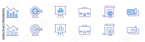 Business icon set in two styles, Duotone and Thin Line style. Editable stroke. contract, target, money, statistics, briefcase, trend