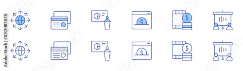 Business icon set in two styles, Duotone and Thin Line style. Editable stroke. credit card, film-budget, business, screen, expansion, website