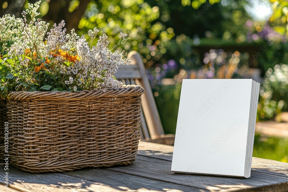 Blank Sign Beside Wicker Basket With Flowers on Wooden Table Blank Sign Beside Wicker Basket With Flowers on Wooden Table