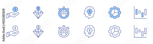 Business icon set in two styles, Duotone and Thin Line style. Editable stroke. diamond, pie chart, performance, bar chart, hand, business