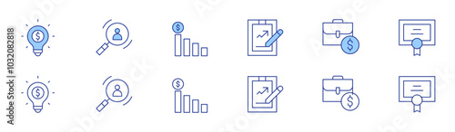 Business icon set in two styles, Duotone and Thin Line style. Editable stroke. dollar symbol, report, graphic, certificate, hiring, business