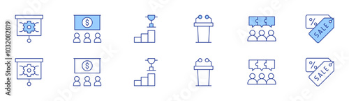 Business icon set in two styles, Duotone and Thin Line style. Editable stroke. discussion, graph, coupon, presentation, lectern