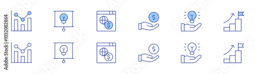 Business icon set in two styles, Duotone and Thin Line style. Editable stroke. earnings, goal, bar chart, online business, hand, presentation