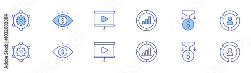 Business icon set in two styles, Duotone and Thin Line style. Editable stroke. gear, improvement, funnel, eye, presentation, pie chart