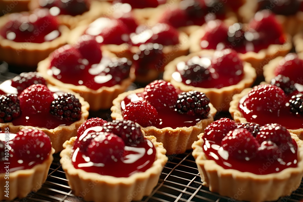 A close-up of delicious berry tarts with glossy fruit topping on a cooling rack. A close-up of delicious berry tarts with glossy fruit topping on a cooling rack.