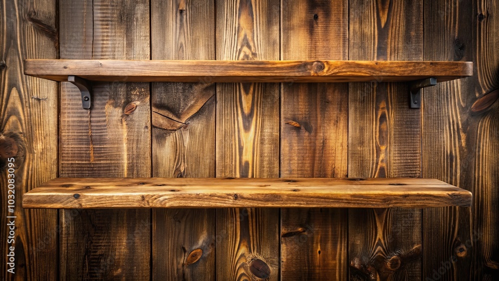 Rustic Wooden Shelves with a Distressed Finish Against a Weathered Wood Wall Rustic Wooden Shelves with a Distressed Finish Against a Weathered Wood Wall
