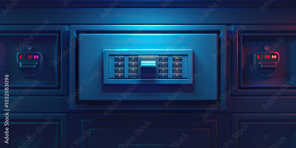 A stylish sapphire blue bank safety deposit box, protected by a digital keypad and thick layers of steel. A stylish sapphire blue bank safety deposit box, protected by a digital keypad and thick layers of steel.