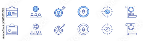 Business icon set in two styles, Duotone and Thin Line style. Editable stroke. global, growth, eye, bill, id card, money