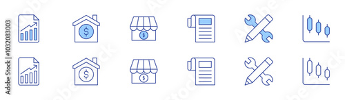 Business icon set in two styles, Duotone and Thin Line style. Editable stroke. graph, family, pencil, my business, business report, report