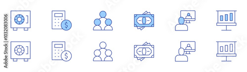 Business icon set in two styles, Duotone and Thin Line style. Editable stroke. graphic, calculator, online conference, networking, safebox, money