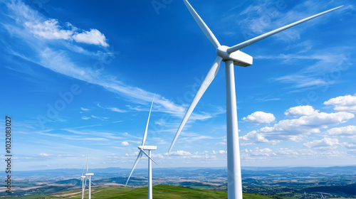 Wind turbines stand tall against bright blue sky, showcasing renewable energy in scenic landscape. vibrant clouds and rolling hills create serene atmosphere