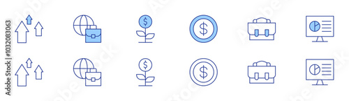 Business icon set in two styles, Duotone and Thin Line style. Editable stroke. growth, global, business, money, presentation