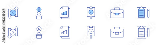 Business icon set in two styles, Duotone and Thin Line style. Editable stroke. growth, suitcase, data analytics, report, exchange, transparency